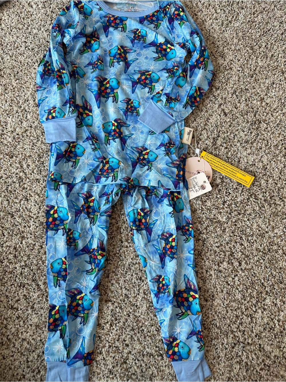 Children's Light Blue Rainbow Fish-Print Bamboo Pajama Set